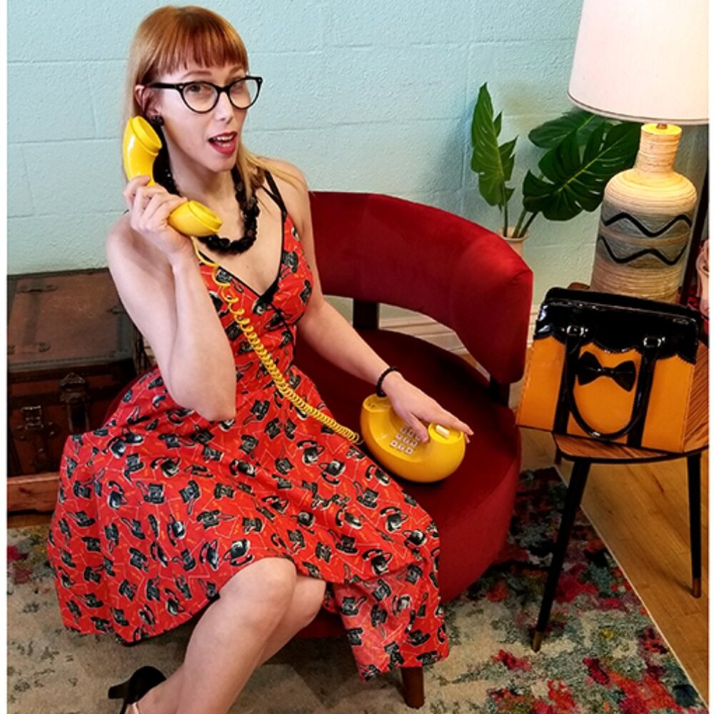 NWT retro telephone print swing dress, pockets, halter neck, sizes S, M, and XXL